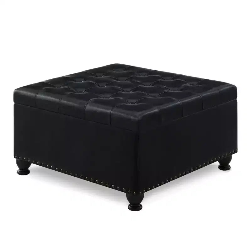 Square Large Storage Ottoman with Wooden Legs, Entryway Bench with Button, Tufted and Nail Trims Decorated, Foot Stool for Home