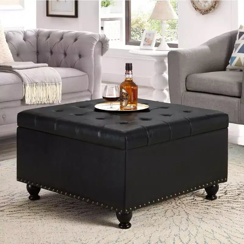 Square Large Storage Ottoman with Wooden Legs, Entryway Bench with Button, Tufted and Nail Trims Decorated, Foot Stool for Home
