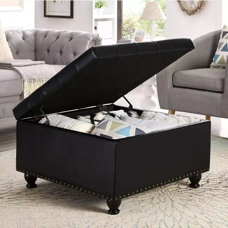 Square Large Storage Ottoman with Wooden Legs, Entryway Bench with Button, Tufted and Nail Trims Decorated, Foot Stool for Home