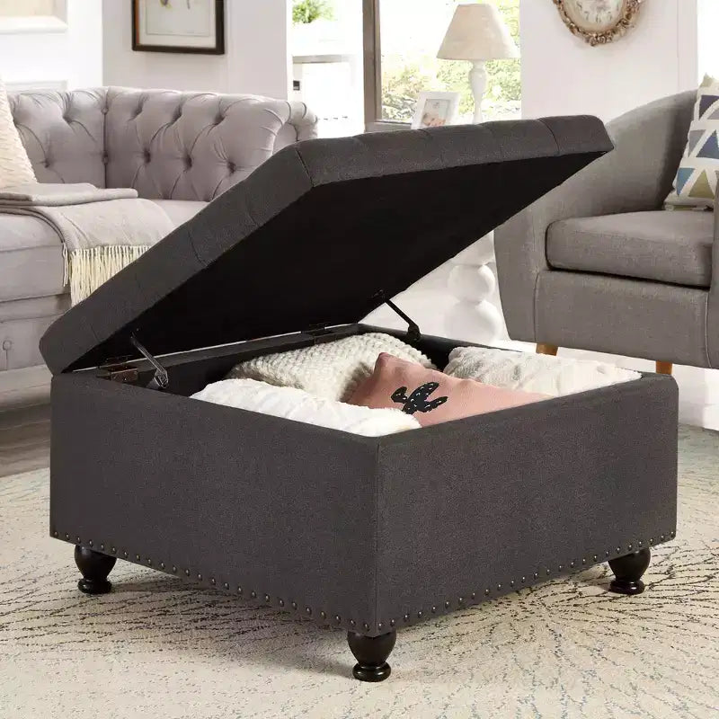 Square Large Storage Ottoman with Wooden Legs, Entryway Bench with Button, Tufted and Nail Trims Decorated, Foot Stool for Home