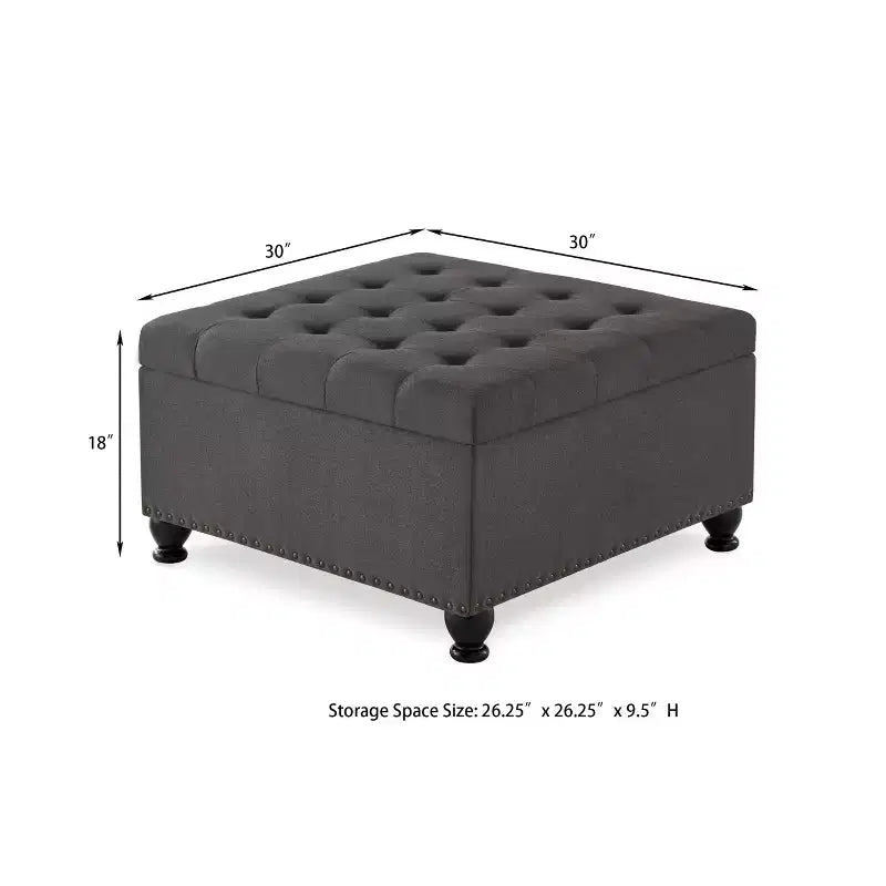 Square Large Storage Ottoman with Wooden Legs, Entryway Bench with Button, Tufted and Nail Trims Decorated, Foot Stool for Home