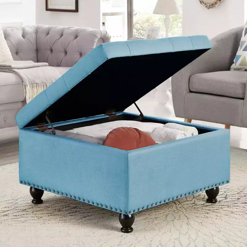 Square Large Storage Ottoman with Wooden Legs, Entryway Bench with Button, Tufted and Nail Trims Decorated, Foot Stool for Home