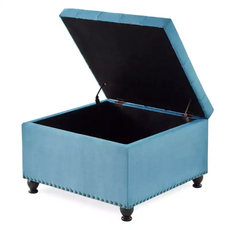 Square Large Storage Ottoman with Wooden Legs, Entryway Bench with Button, Tufted and Nail Trims Decorated, Foot Stool for Home