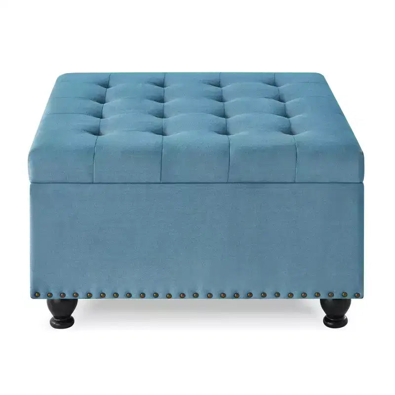 Square Large Storage Ottoman with Wooden Legs, Entryway Bench with Button, Tufted and Nail Trims Decorated, Foot Stool for Home