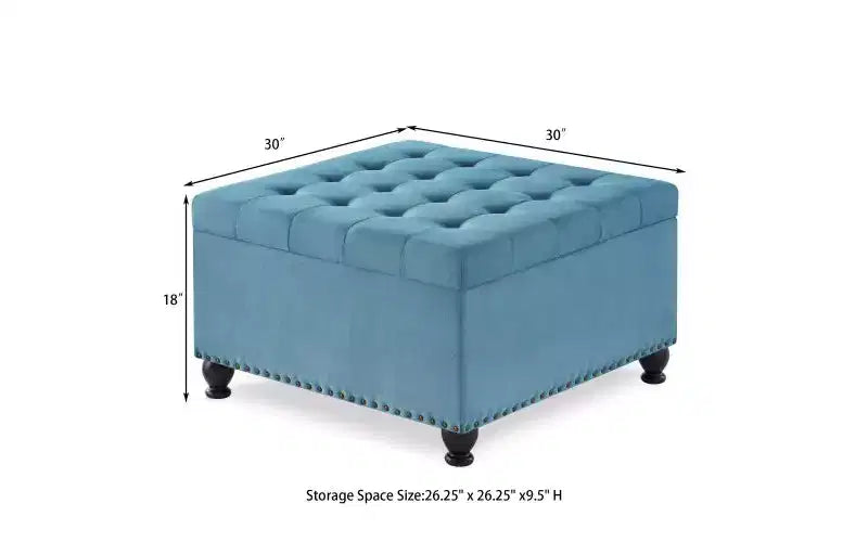 Square Large Storage Ottoman with Wooden Legs, Entryway Bench with Button, Tufted and Nail Trims Decorated, Foot Stool for Home