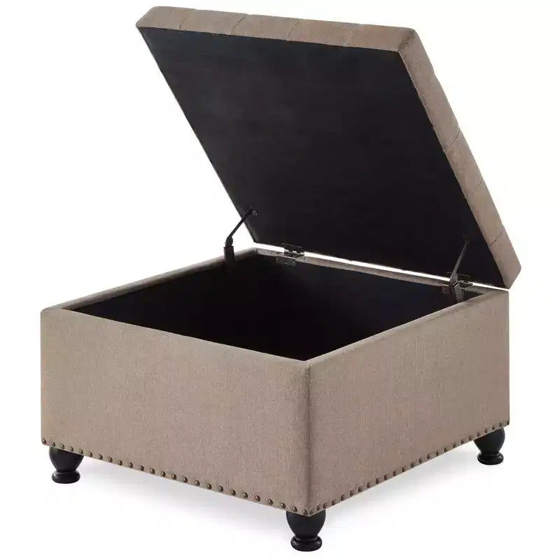 Square Large Storage Ottoman with Wooden Legs, Entryway Bench with Button, Tufted and Nail Trims Decorated, Foot Stool for Home