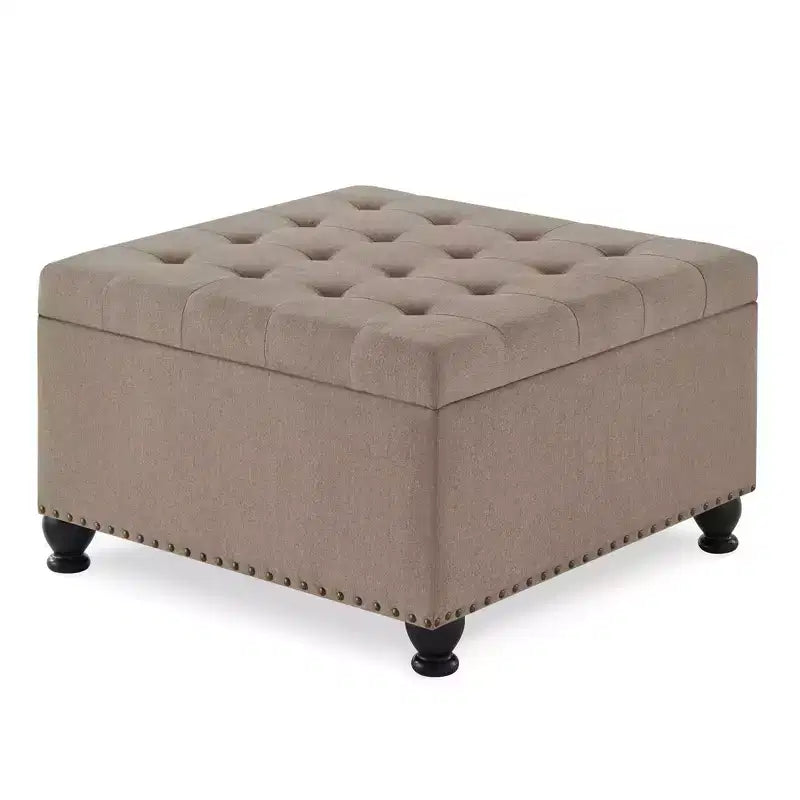 Square Large Storage Ottoman with Wooden Legs, Entryway Bench with Button, Tufted and Nail Trims Decorated, Foot Stool for Home