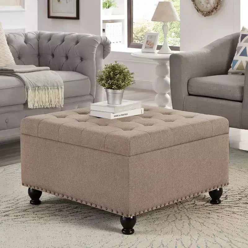 Square Large Storage Ottoman with Wooden Legs, Entryway Bench with Button, Tufted and Nail Trims Decorated, Foot Stool for Home