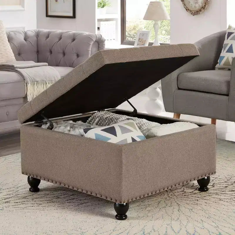 Square Large Storage Ottoman with Wooden Legs, Entryway Bench with Button, Tufted and Nail Trims Decorated, Foot Stool for Home