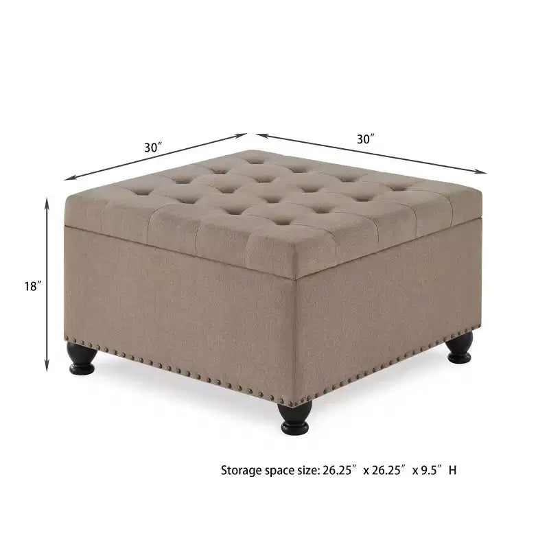 Square Large Storage Ottoman with Wooden Legs, Entryway Bench with Button, Tufted and Nail Trims Decorated, Foot Stool for Home