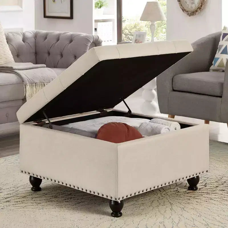 Square Large Storage Ottoman with Wooden Legs, Entryway Bench with Button, Tufted and Nail Trims Decorated, Foot Stool for Home