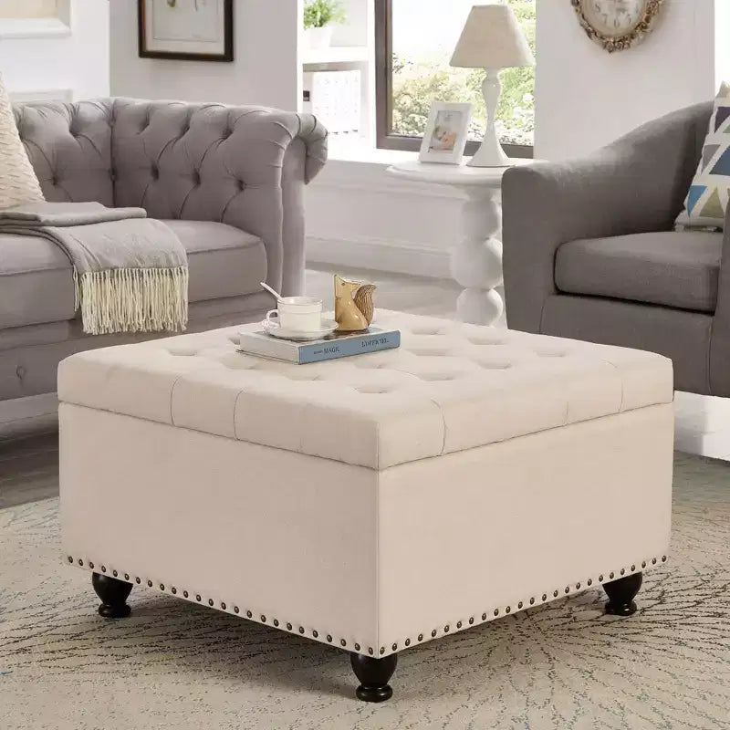 Square Large Storage Ottoman with Wooden Legs, Entryway Bench with Button, Tufted and Nail Trims Decorated, Foot Stool for Home