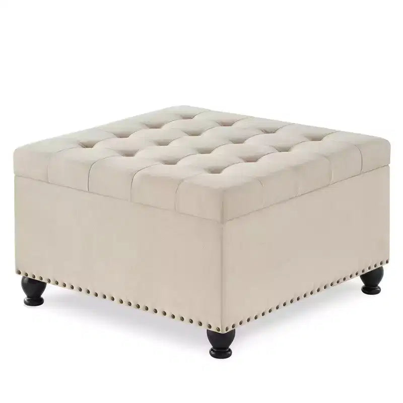 Square Large Storage Ottoman with Wooden Legs, Entryway Bench with Button, Tufted and Nail Trims Decorated, Foot Stool for Home