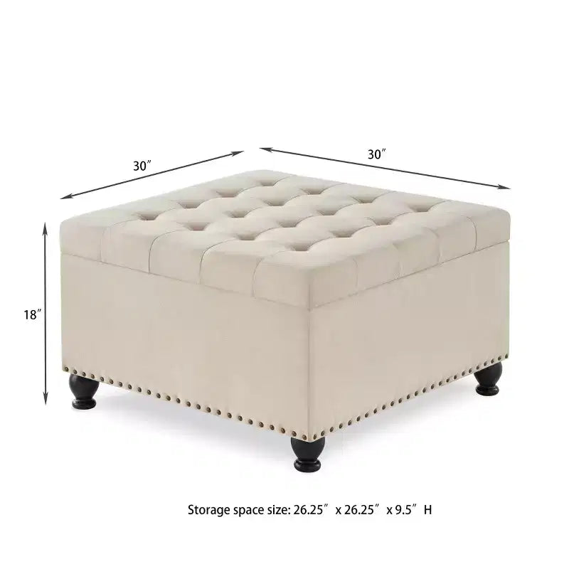 Square Large Storage Ottoman with Wooden Legs, Entryway Bench with Button, Tufted and Nail Trims Decorated, Foot Stool for Home
