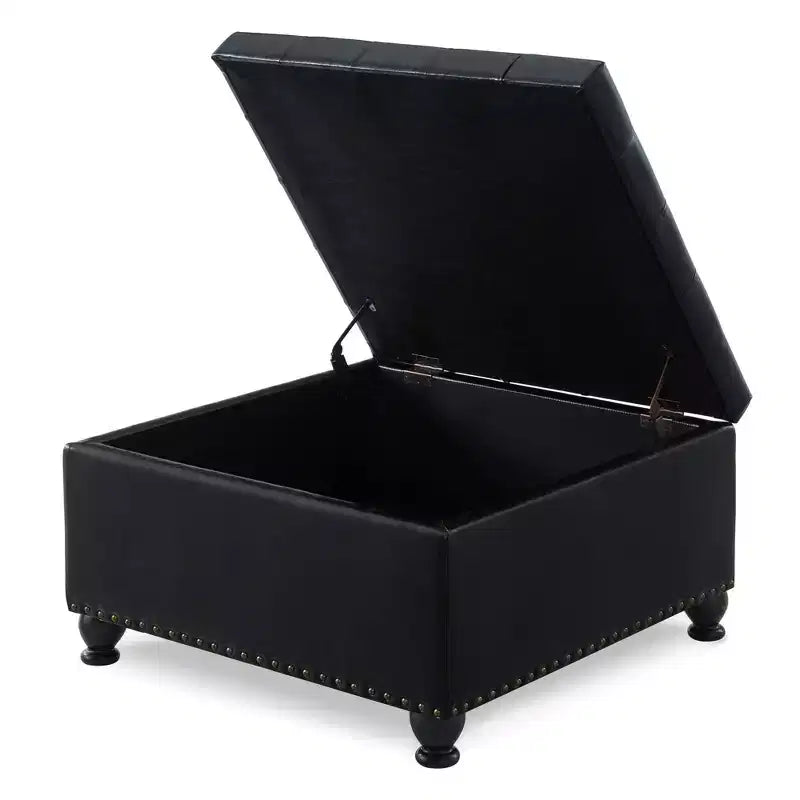Square Large Storage Ottoman with Wooden Legs, Entryway Bench with Button, Tufted and Nail Trims Decorated, Foot Stool for Home
