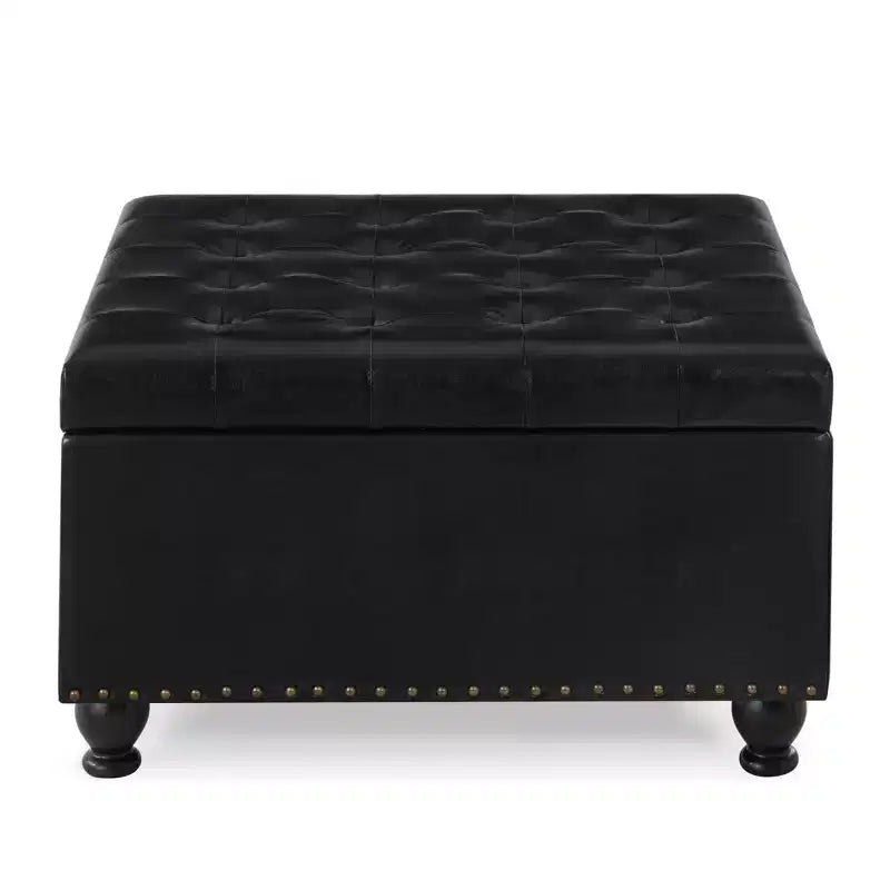 Square Large Storage Ottoman with Wooden Legs, Entryway Bench with Button, Tufted and Nail Trims Decorated, Foot Stool for Home