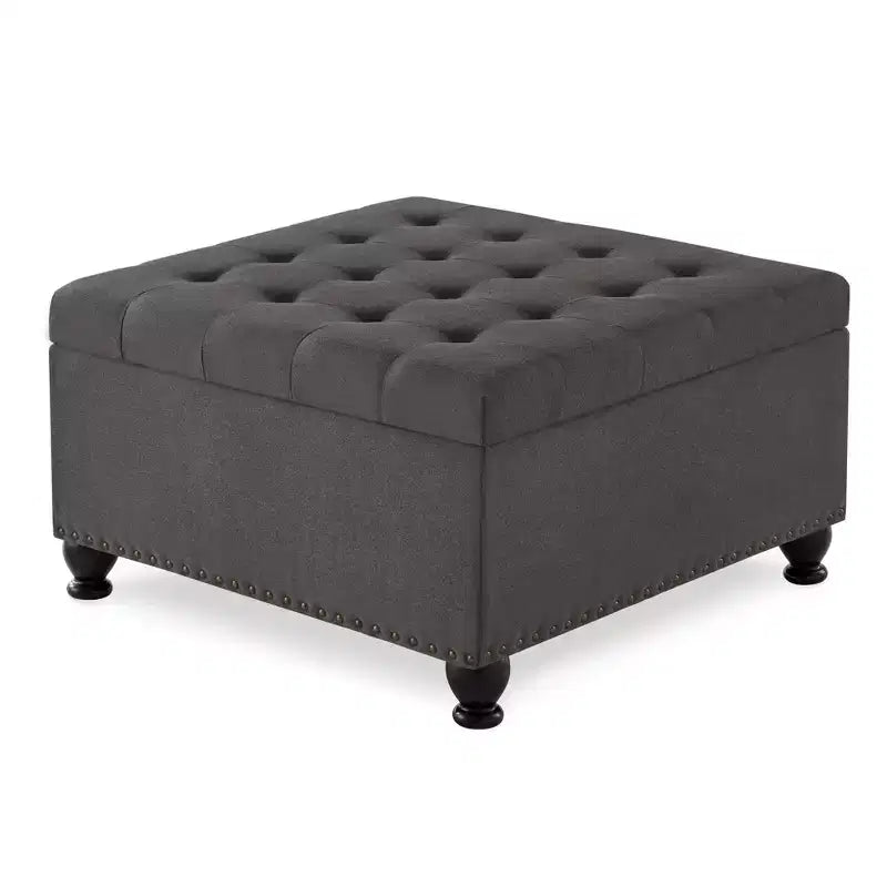 Square Large Storage Ottoman with Wooden Legs, Entryway Bench with Button, Tufted and Nail Trims Decorated, Foot Stool for Home