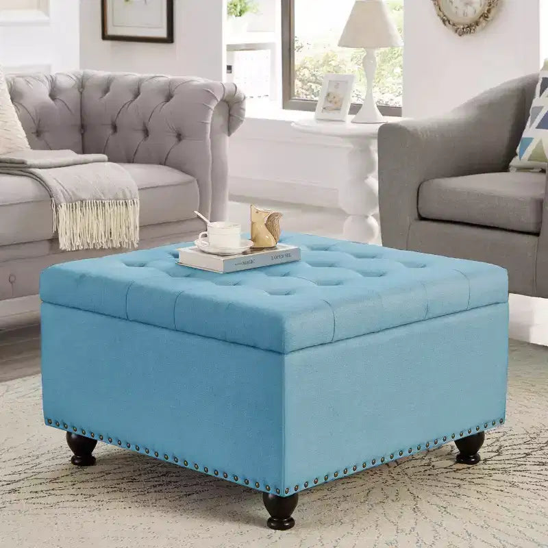 Square Large Storage Ottoman with Wooden Legs, Entryway Bench with Button, Tufted and Nail Trims Decorated, Foot Stool for Home