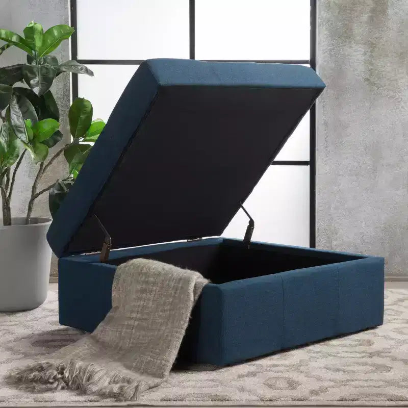 Modern Square Storage Bench with Large Capacity, Entryway Bench with Pressure Hinges, Storage Ottoman for Living Room, Bedroom, Navy Blue