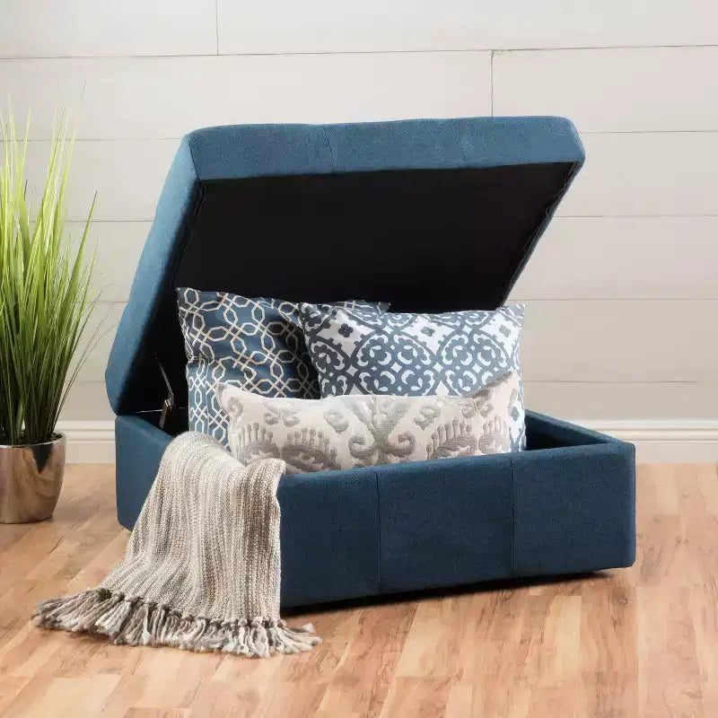 Modern Square Storage Bench with Large Capacity, Entryway Bench with Pressure Hinges, Storage Ottoman for Living Room, Bedroom, Navy Blue