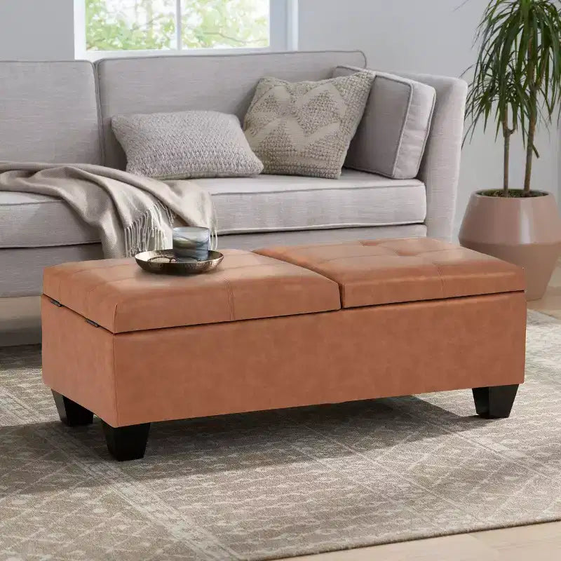 Elegent Storage Ottoman with Double Top Doors, Storage Bench with Faux Leather Surface, End Of Bed Bench for Living Room, Bedroom
