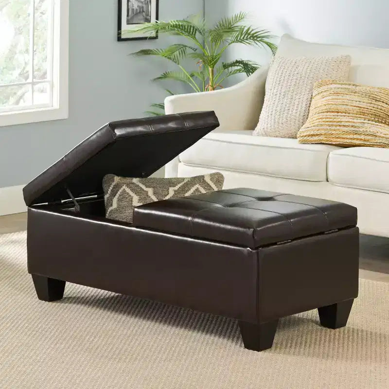 Elegent Storage Ottoman with Double Top Doors, Storage Bench with Faux Leather Surface, End Of Bed Bench for Living Room, Bedroom