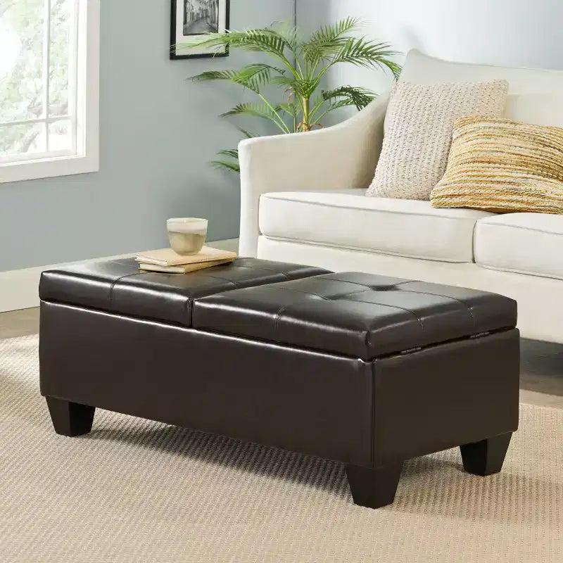 Okak Elegent Storage Ottoman with Double Top Doors, Storage Bench with Faux Leather Surface, End Of Bed Bench for Living Room, Bedroom