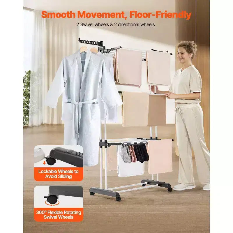 4-Tier Foldable Clothes Drying Rack with Wheels and Side Wings, 77 lbs Capacity