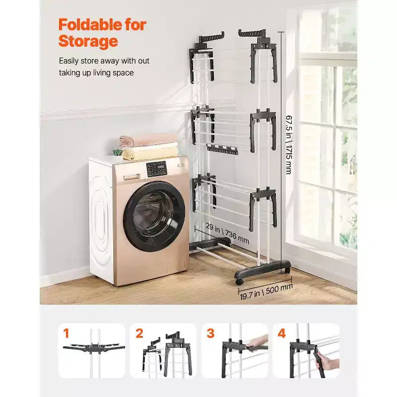 4-Tier Foldable Clothes Drying Rack with Wheels and Side Wings, 77 lbs Capacity