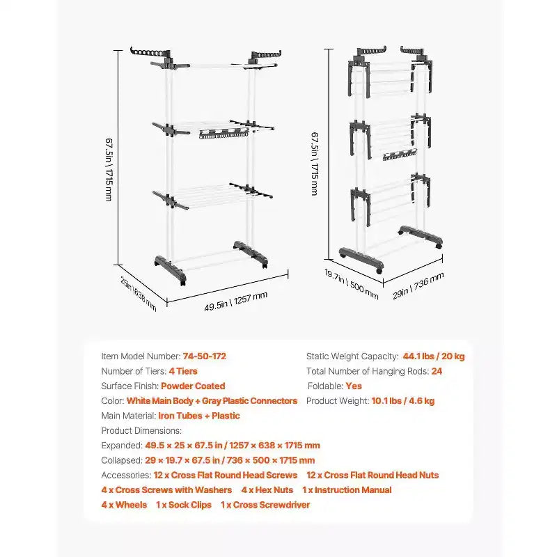 4-Tier Foldable Clothes Drying Rack with Wheels and Side Wings, 77 lbs Capacity