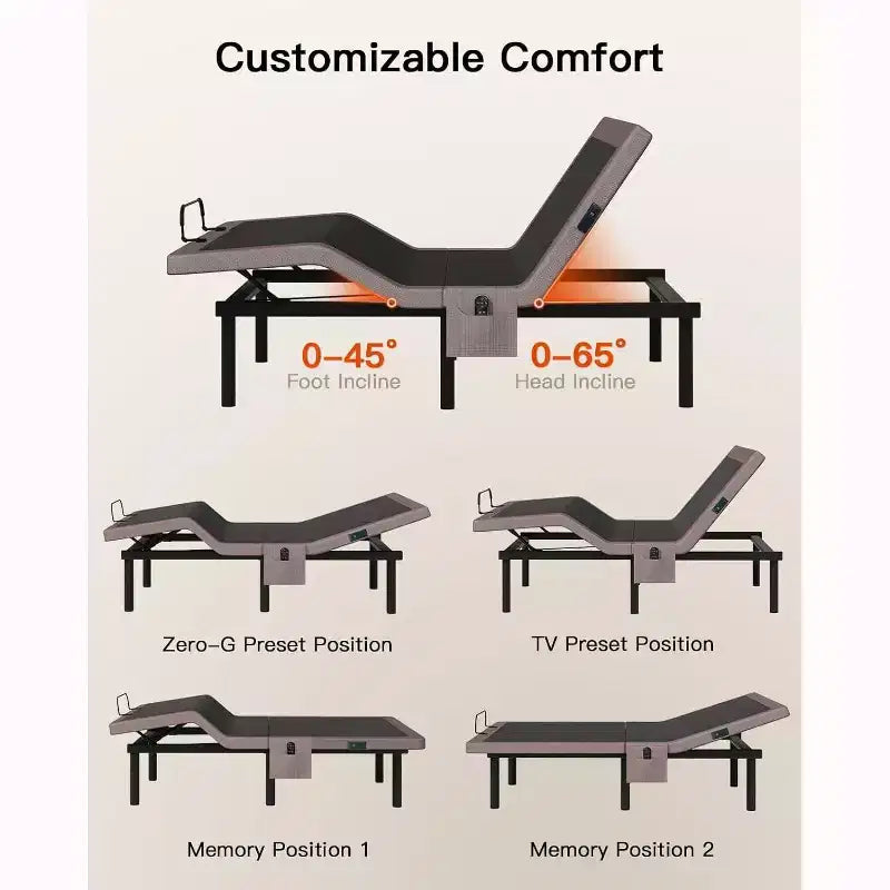 Adjustable bed frame, massage double bed XL size, zero gap and zero gravity mode, electric bed with head and foot tilt, equipped with 4 USB ports