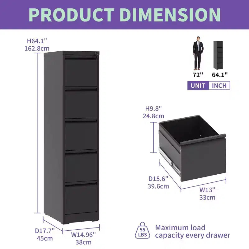 64H 5-Drawer Black Metal Vertical File Cabinet with Lock, Steel Filing Cabinet for Home Office, Fits A4/Legal/Letter