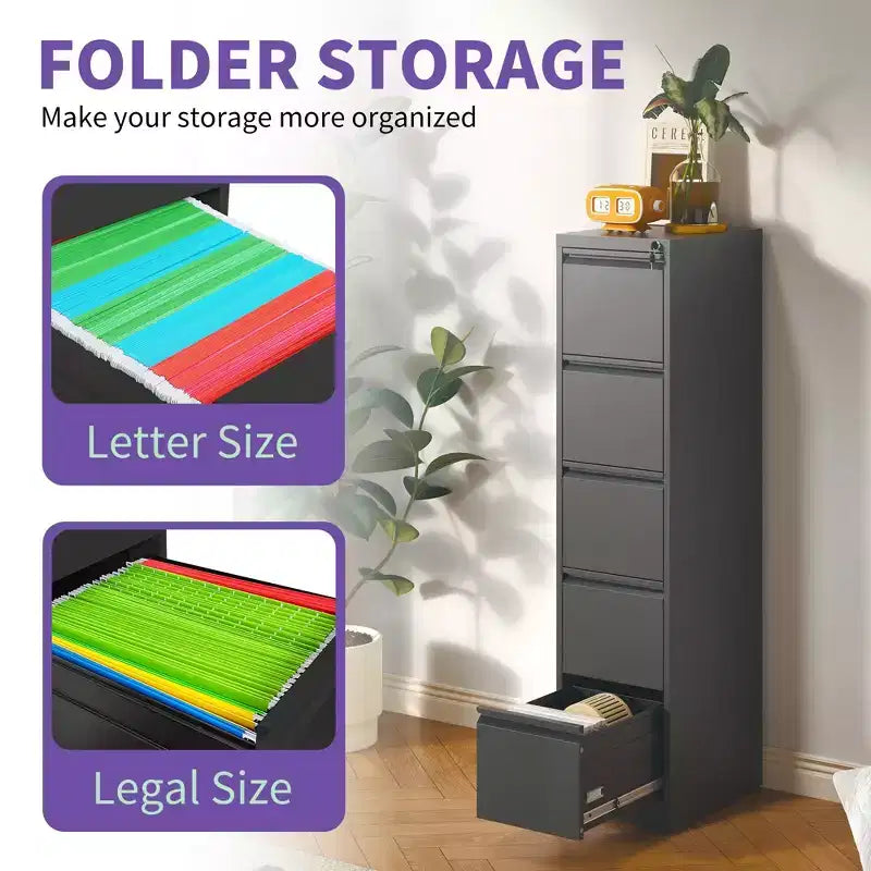 64H 5-Drawer Black Metal Vertical File Cabinet with Lock, Steel Filing Cabinet for Home Office, Fits A4/Legal/Letter
