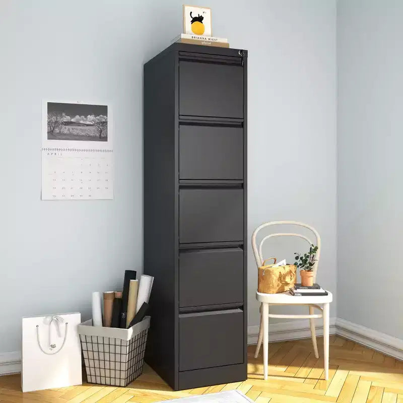 64H 5-Drawer Black Metal Vertical File Cabinet with Lock, Steel Filing Cabinet for Home Office, Fits A4/Legal/Letter