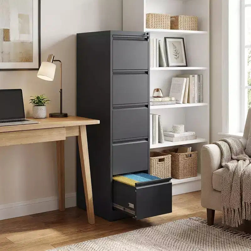 64H 5-Drawer Black Metal Vertical File Cabinet with Lock, Steel Filing Cabinet for Home Office, Fits A4/Legal/Letter
