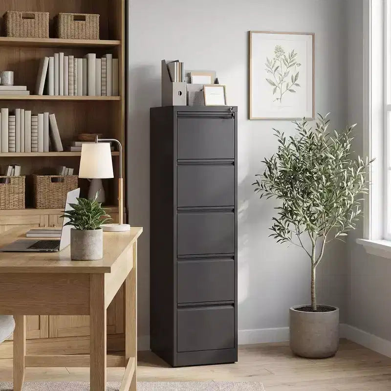 64H 5-Drawer Black Metal Vertical File Cabinet with Lock, Steel Filing Cabinet for Home Office, Fits A4/Legal/Letter