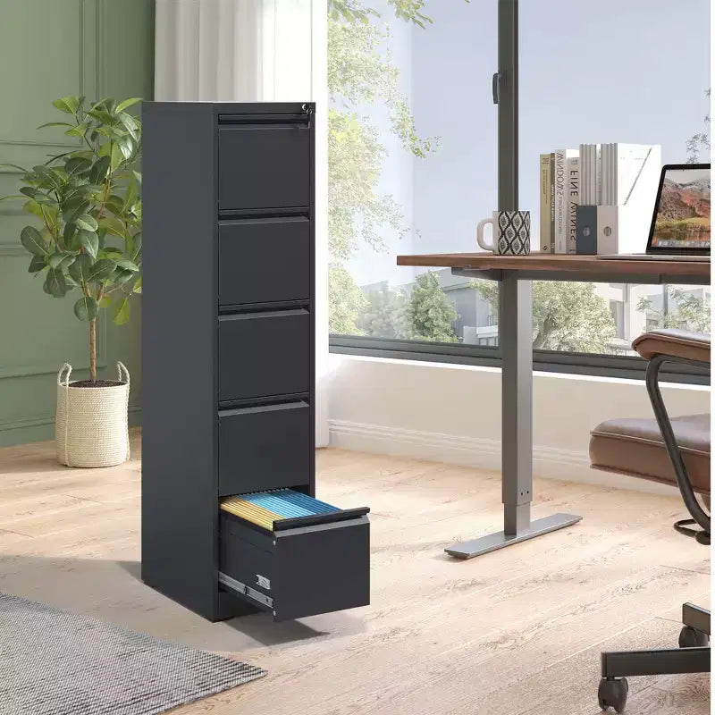 64H 5-Drawer Black Metal Vertical File Cabinet with Lock, Steel Filing Cabinet for Home Office, Fits A4/Legal/Letter