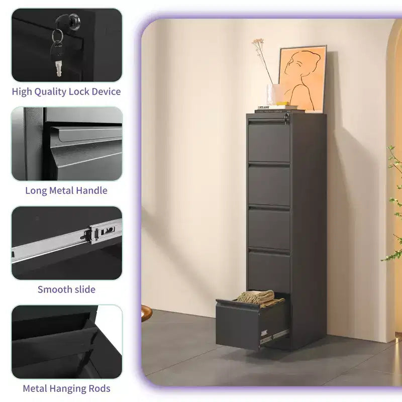 64H 5-Drawer Black Metal Vertical File Cabinet with Lock, Steel Filing Cabinet for Home Office, Fits A4/Legal/Letter