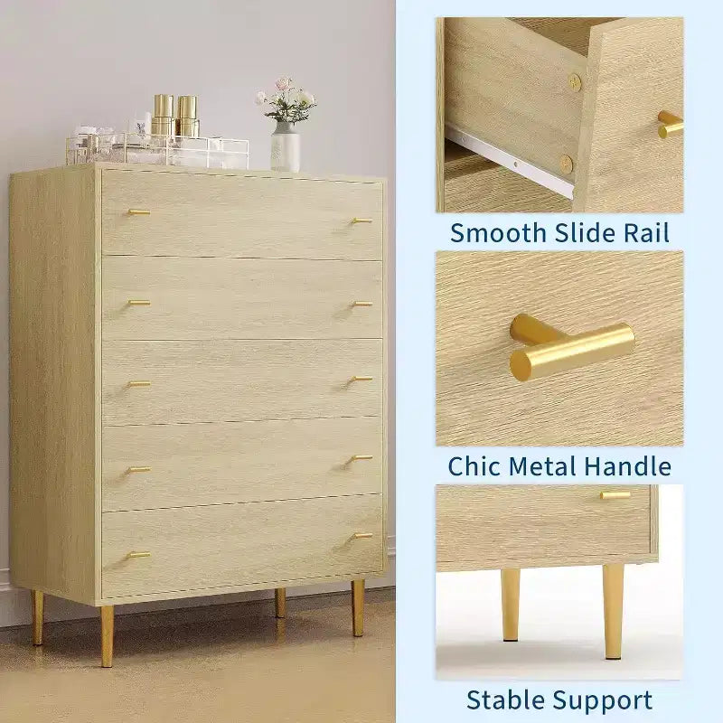 5 Drawers Dresser for Bedroom, Tall Dresser Wood Rustic Chest of Drawers with Large Drawers & Bar Handles,Natural Texture for Living Room,Hallway