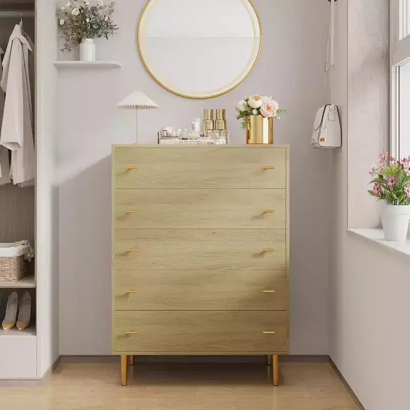 5 Drawers Dresser for Bedroom, Tall Dresser Wood Rustic Chest of Drawers with Large Drawers & Bar Handles,Natural Texture for Living Room,Hallway