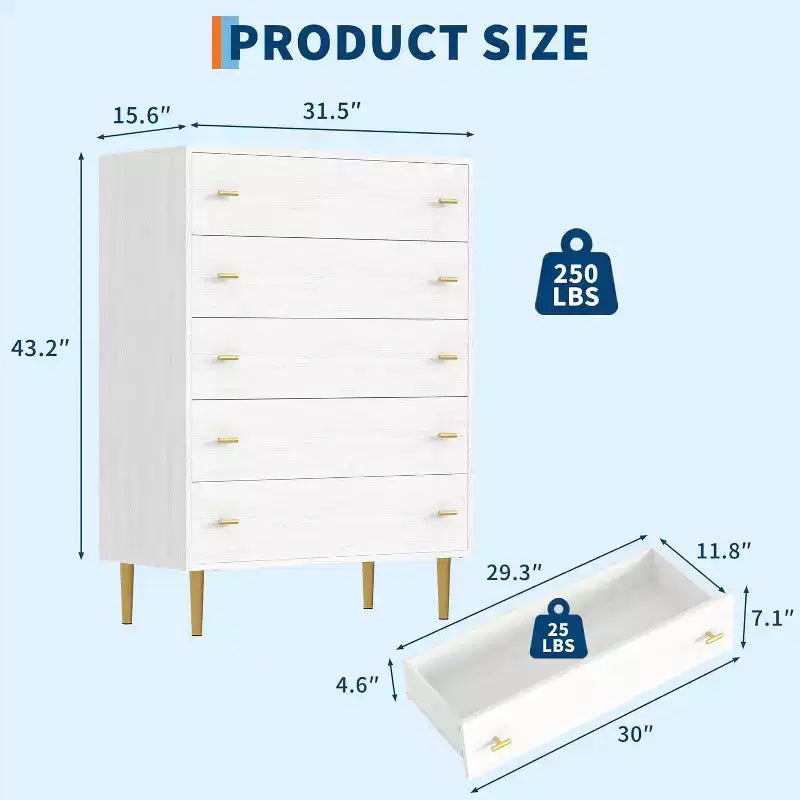5 Drawers Dresser for Bedroom, Tall Dresser Wood Rustic Chest of Drawers with Large Drawers & Bar Handles,Natural Texture for Living Room,Hallway