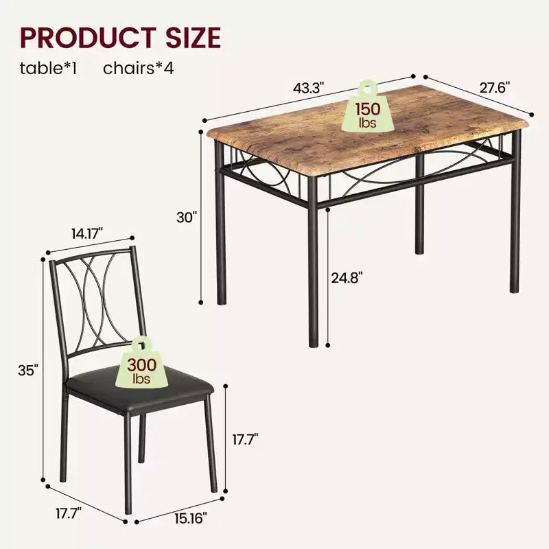 Dining Table Set for 4, 5-Piece Kitchen Table and Chairs Set, Rectangular Kitchen Table Set for Small Space, Apartment, Studio