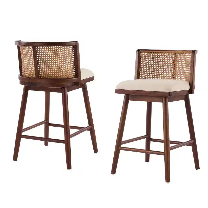 Set of 2 Wooden Counter Height Stools with Ratton Back, Beige Upholstery Counter Chairs for Kitchen Island, Home Bar, or Restaurant-Panipeachy