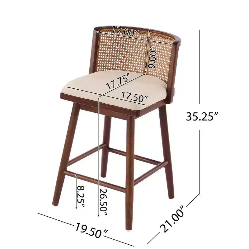 Set of 2 Wooden Counter Height Stools with Ratton Back, Beige Upholstery Counter Chairs for Kitchen Island, Home Bar, or Restaurant-Panipeachy