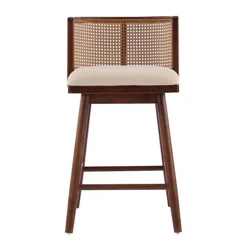 Set of 2 Wooden Counter Height Stools with Ratton Back, Beige Upholstery Counter Chairs for Kitchen Island, Home Bar, or Restaurant-Panipeachy