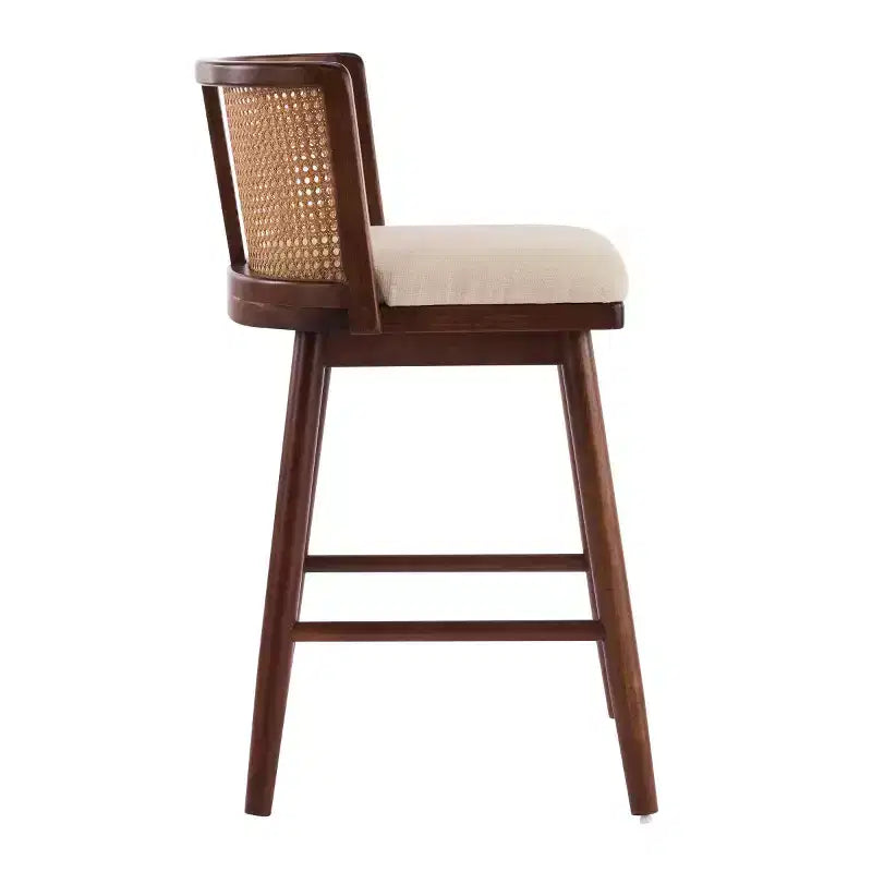 Set of 2 Wooden Counter Height Stools with Ratton Back, Beige Upholstery Counter Chairs for Kitchen Island, Home Bar, or Restaurant-Panipeachy