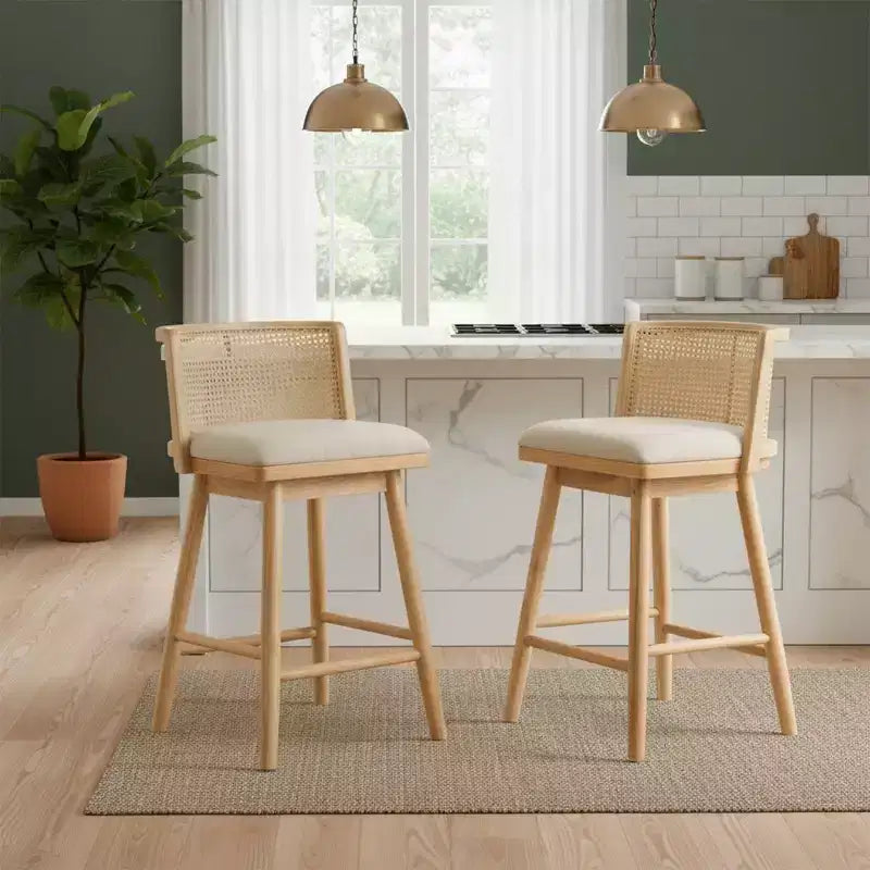 Set of 2 Wooden Counter Height Stools with Ratton Back, Beige Upholstery Counter Chairs for Kitchen Island, Home Bar, or Restaurant-Panipeachy