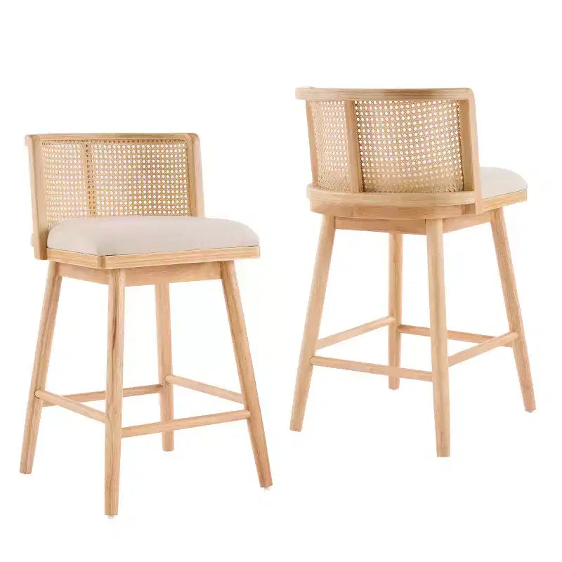 Set of 2 Wooden Counter Height Stools with Ratton Back, Beige Upholstery Counter Chairs for Kitchen Island, Home Bar, or Restaurant-Panipeachy