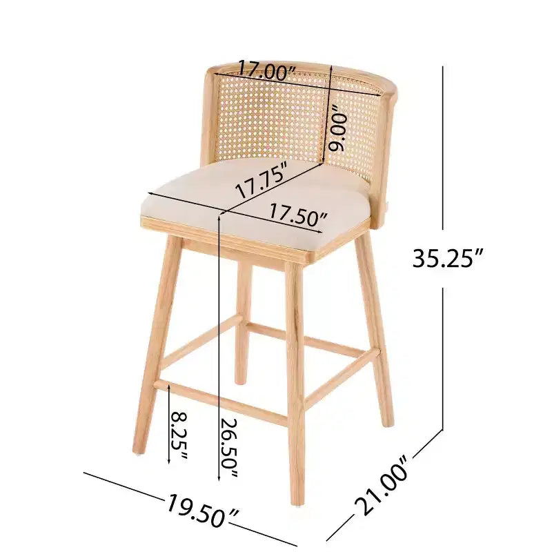 Set of 2 Wooden Counter Height Stools with Ratton Back, Beige Upholstery Counter Chairs for Kitchen Island, Home Bar, or Restaurant-Panipeachy