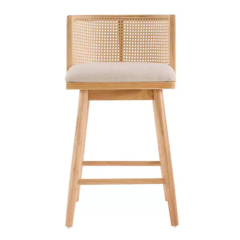 Set of 2 Wooden Counter Height Stools with Ratton Back, Beige Upholstery Counter Chairs for Kitchen Island, Home Bar, or Restaurant-Panipeachy